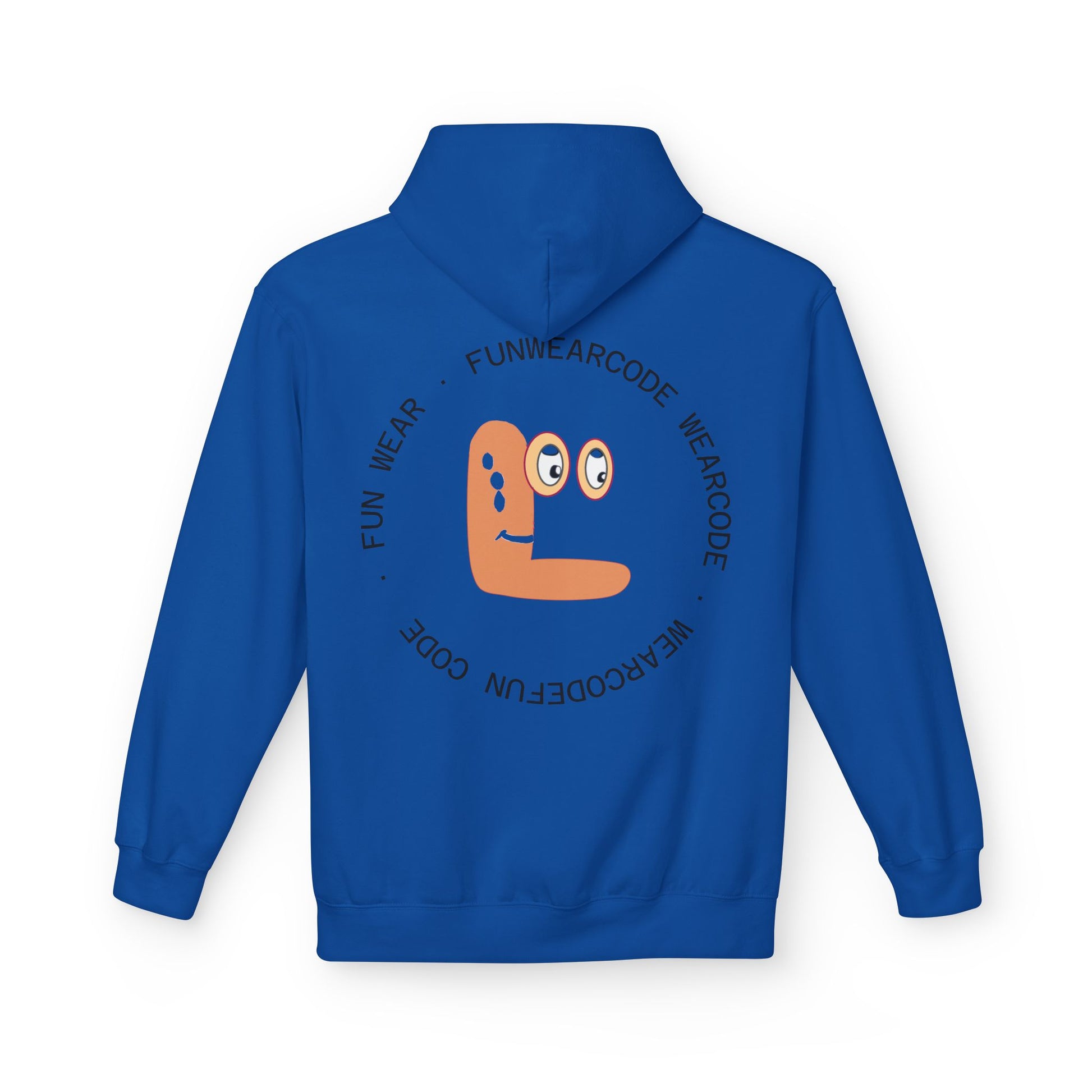 Blue hoodie with a FunWearCode logo and text on the back against a white background