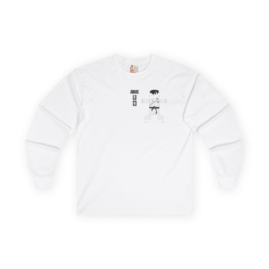 Front view of a white long-sleeve shirt with a judo man graphic design on a white background
