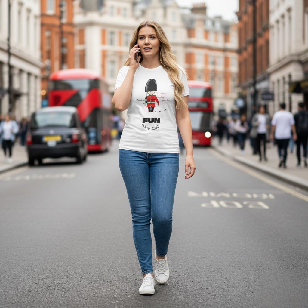 Woman walking on a city street wearing a white t-shirt with a royal guardsman graphic design and text 'Fun Wear Code'.