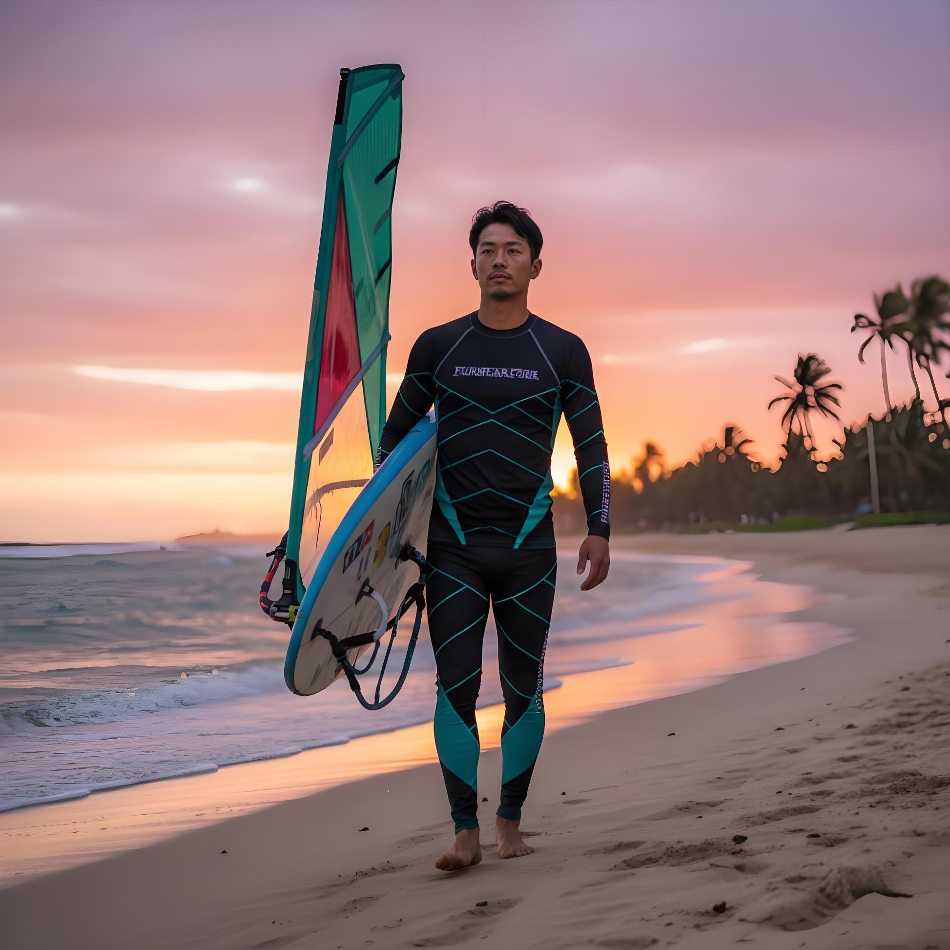 Man in a swim suit with a brand logo 'FunWearCode‘, holding a surfboard on a beach at sunset