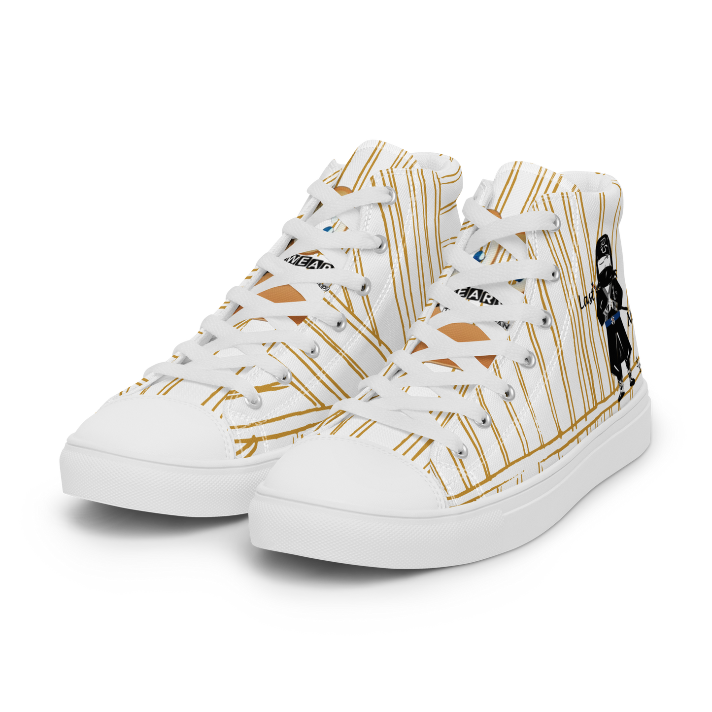 White yellow stripe high-top sneakers with a playful ninja graphic design and white laces, featuring a brand label 'Funwearcode' on a white background