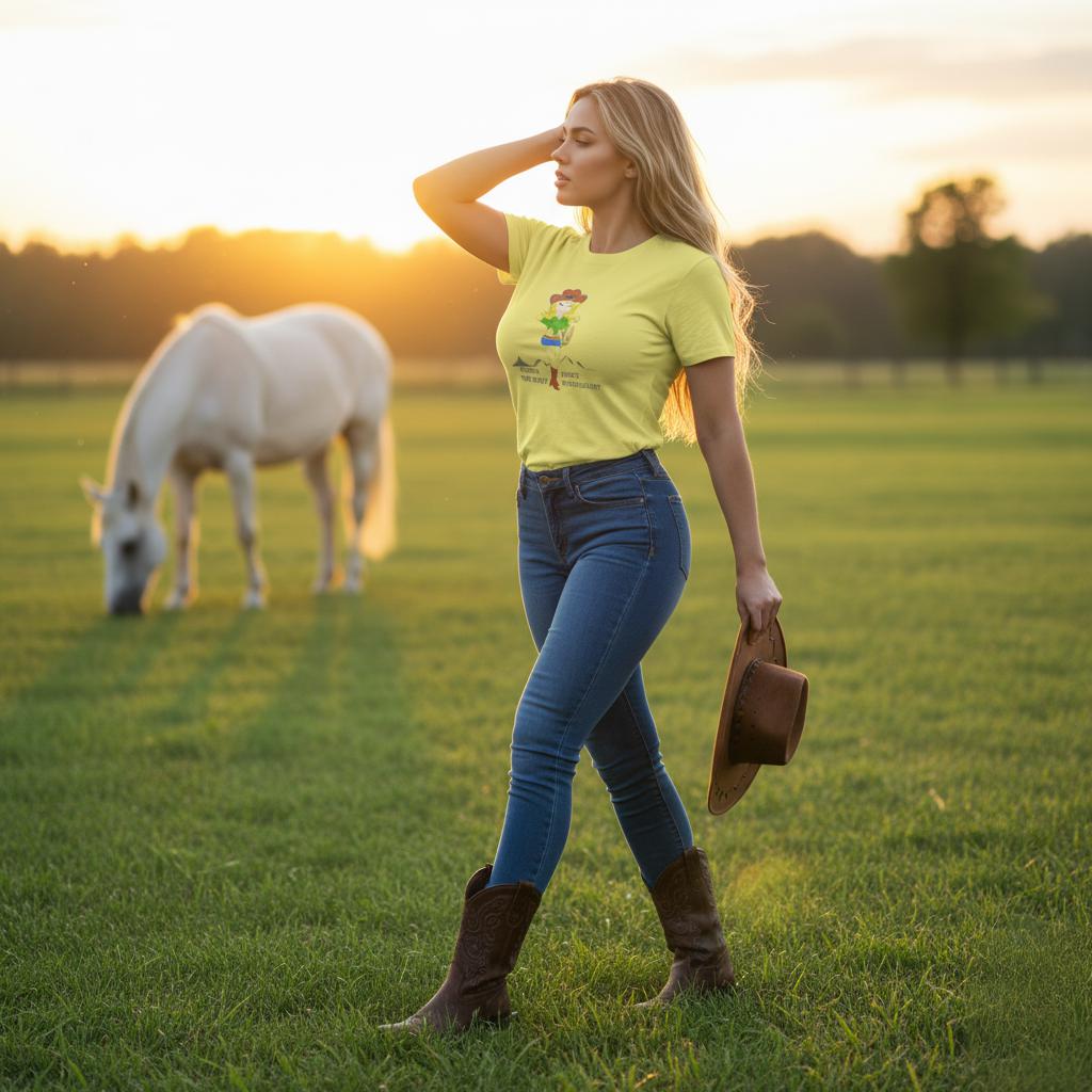 Woman in a yellow shirt with a cowgirl graphic and blue jeans standing in a field with a horse, holding a hat.