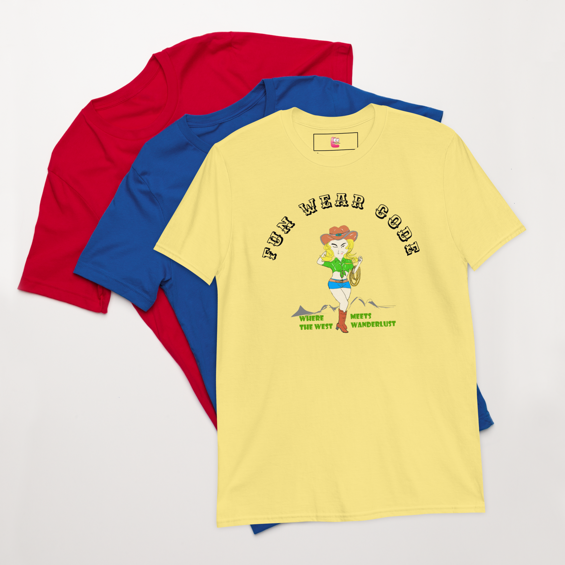 Yellow t-shirt with a graphic of a cowgirl and text "Fun Wear Code", placed on a white background