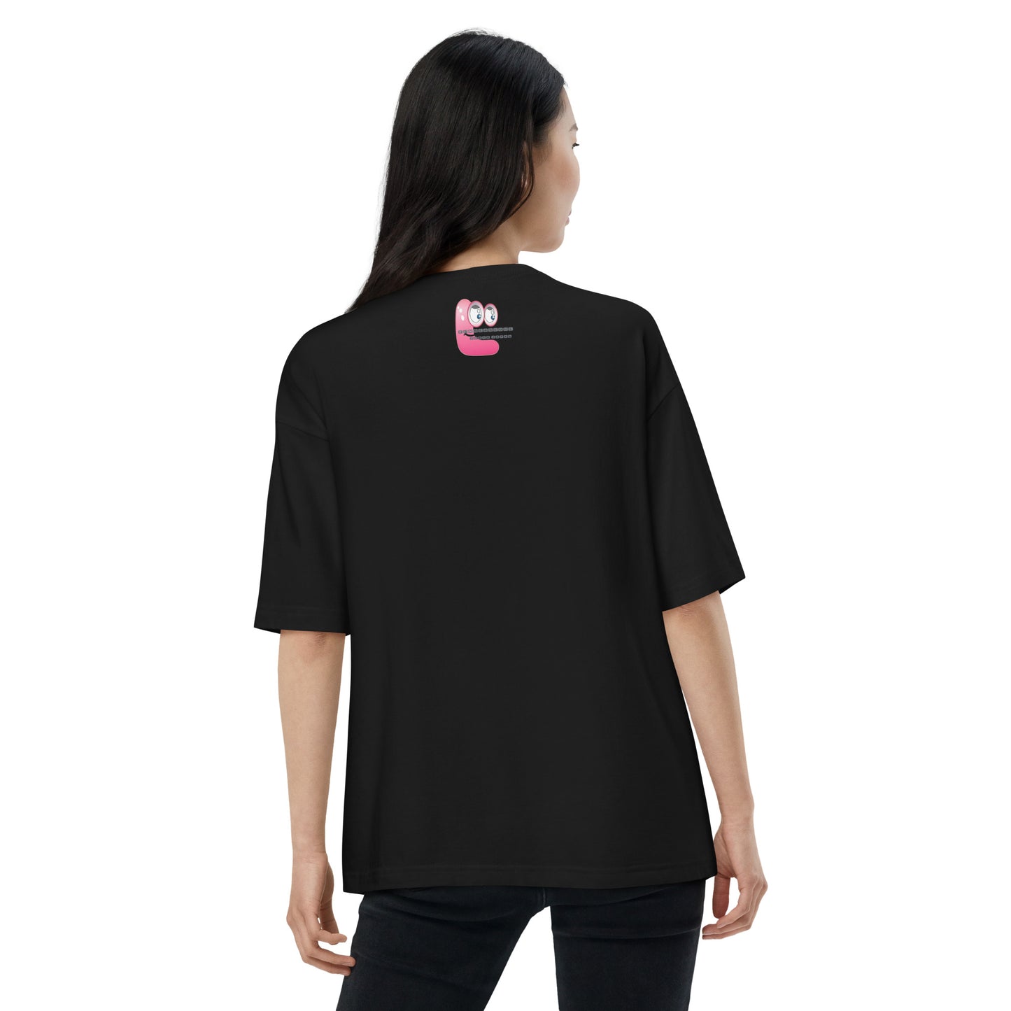 Person wearing a black t-shirt with a pink logo "Fun Wear Code" on the back, on a white background