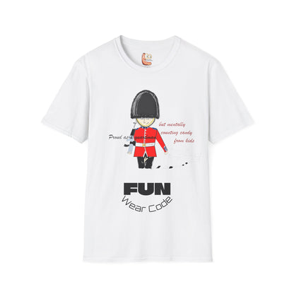 White t-shirt with a royal guardsman graphic design and text 'Fun Wear Code' on a white background