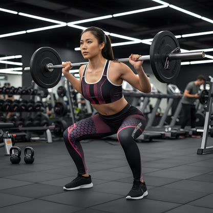 Woman wearing  "Funwearcode" brand labelled leggings, lifting weights in a gym setting