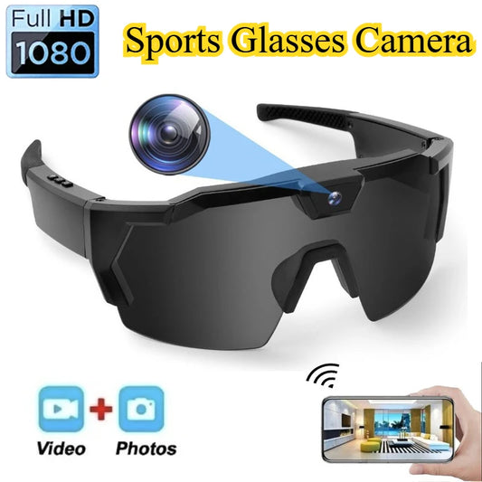 Sports glasses camera with 1080p resolution, video and photo capture icons, and a smartphone displaying footage.