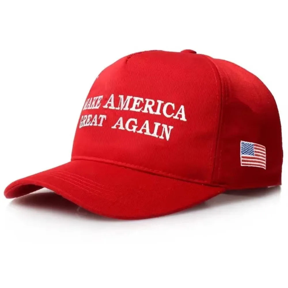 Red cap with 'Make America Great Again' text and American flag on a white background