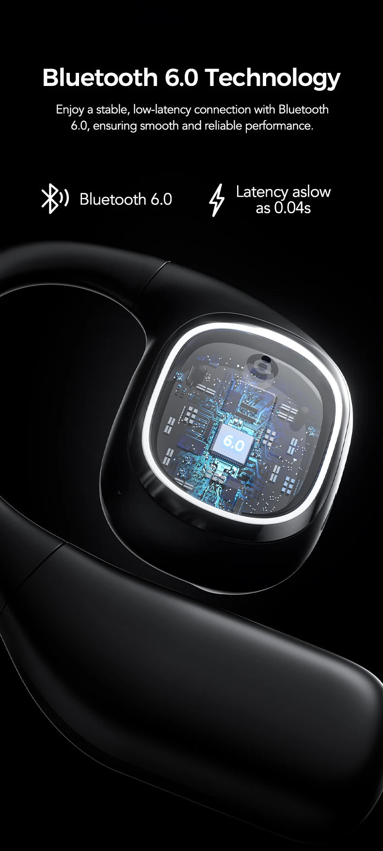 Close-up of a Bluetooth 6.0 technology device with text on a black background