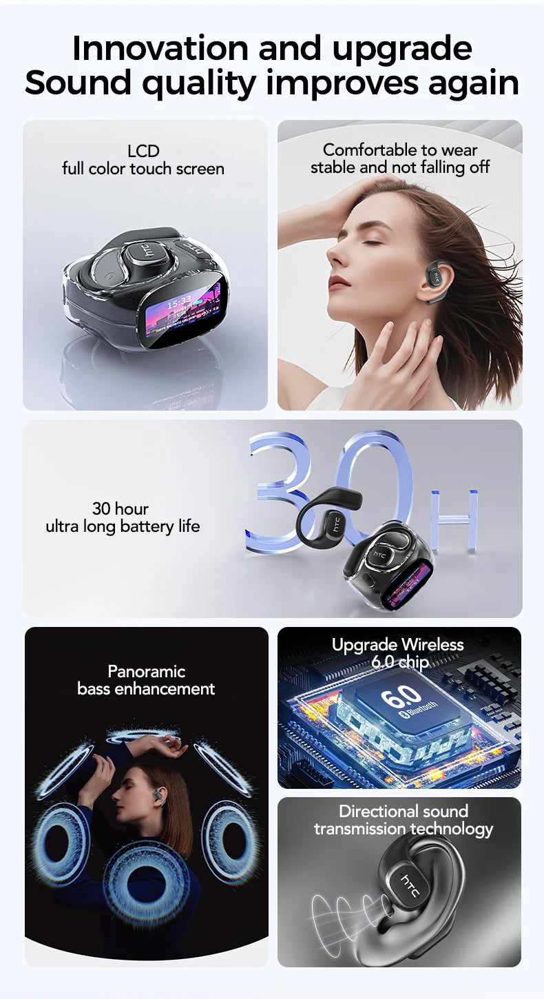 Advertisement for wireless earbuds highlighting features like color touch screen, comfort, battery life, and sound quality.