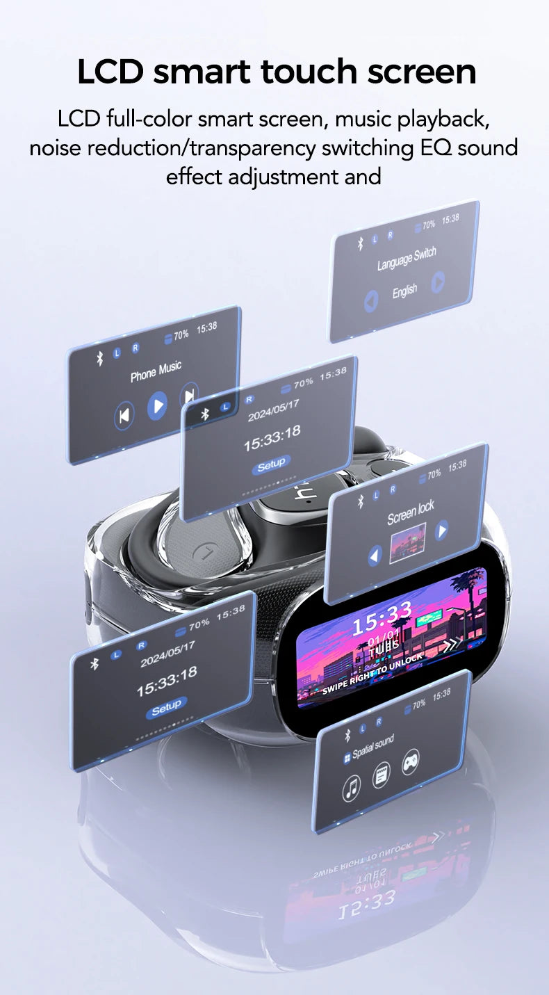Multiple smart screens displaying different functions on a white background