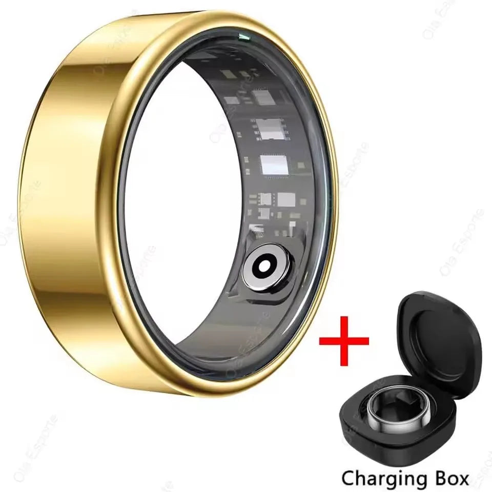 Gold smart ring with charging box on a white background