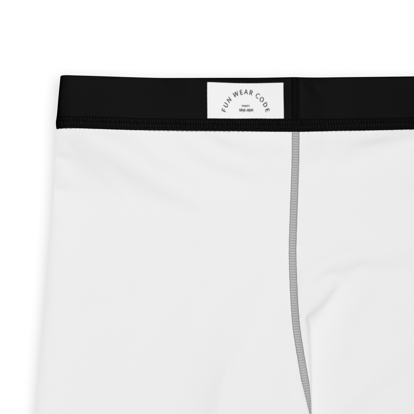 White athletic shorts with black waistband and brand label 'Funwearcode' on a white background