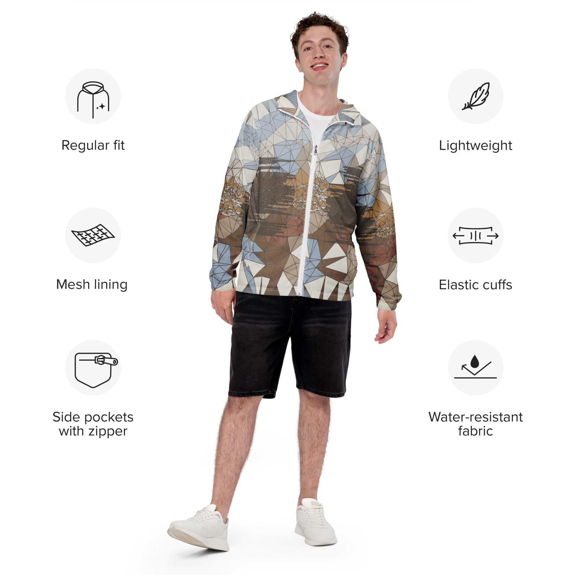 Person wearing a geometric patterned windbreaker with features listed on either side.