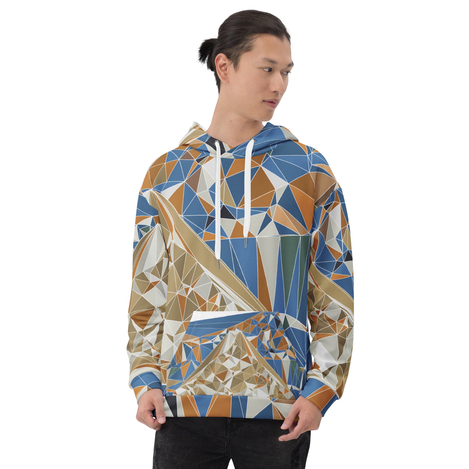 Person wearing a geometric patterned hoodie on a white background