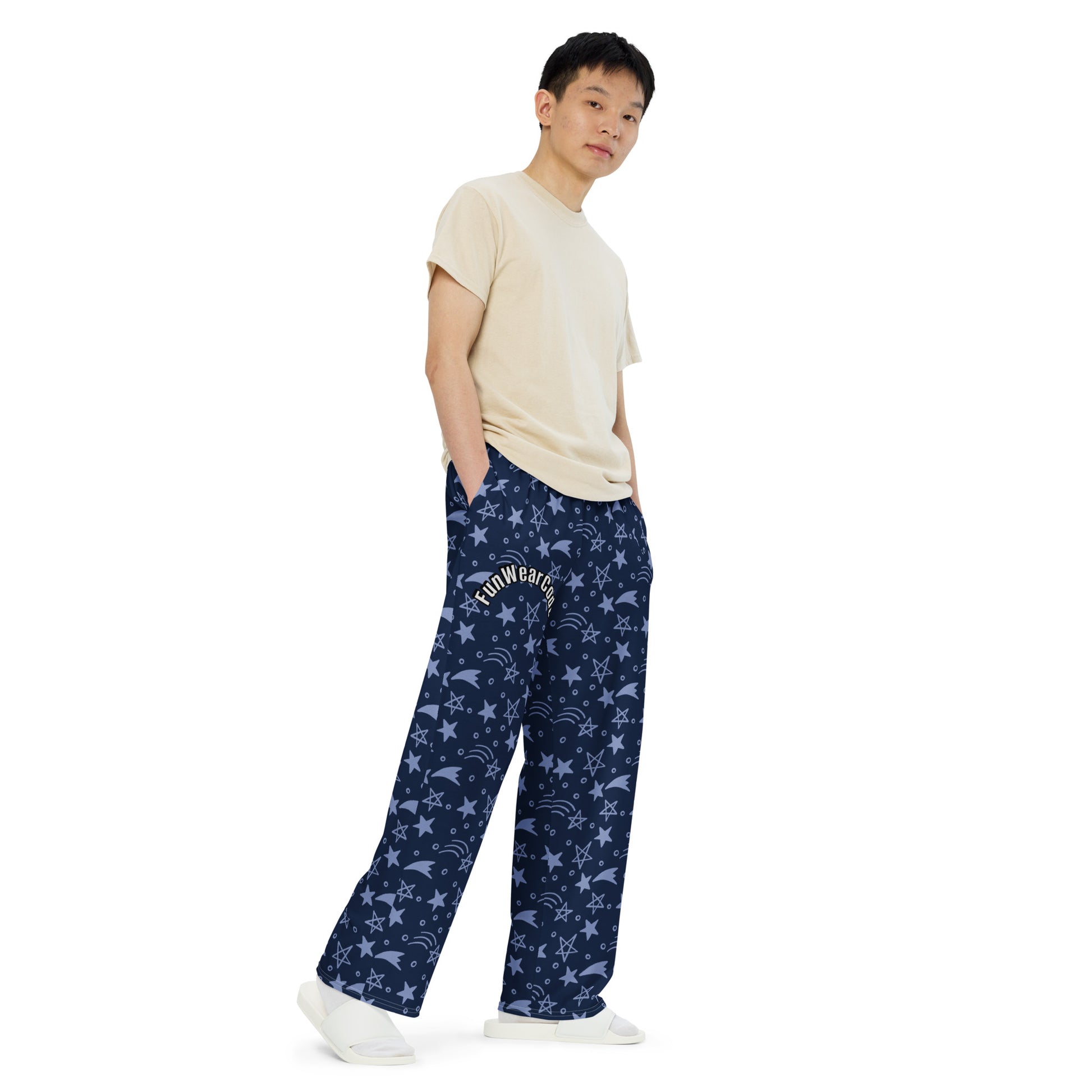 Person wearing navy blue patterned pants with a brand 'Fun Wear Code' text logo on a white background