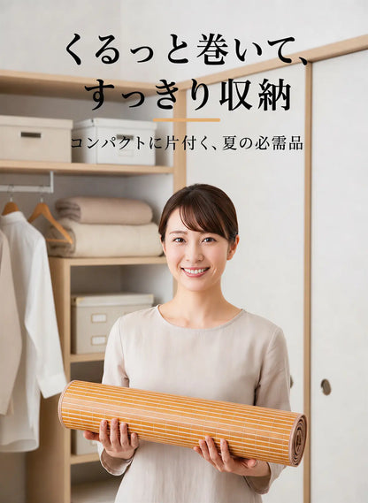 Woman holding a rolled-up mat in a room with shelves and clothes