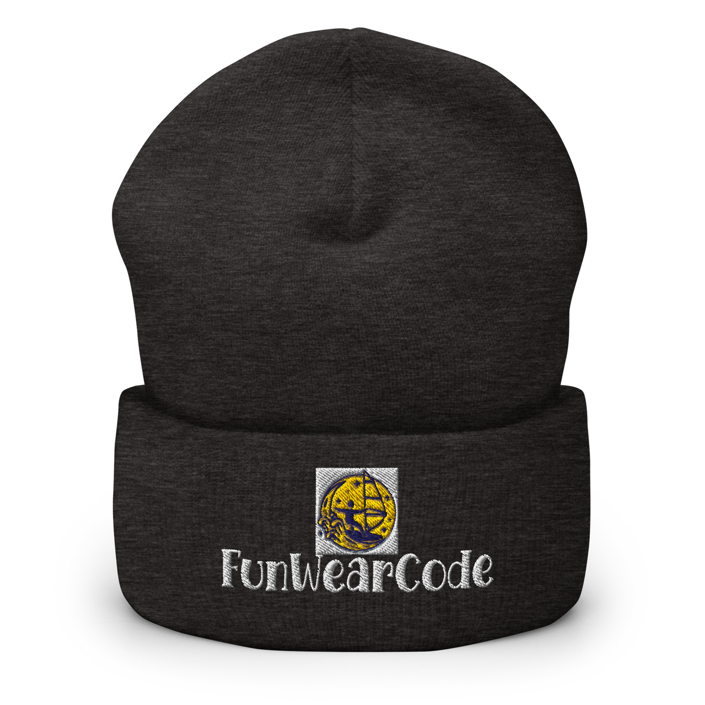 Black beanie with FunWeareCode logo on a white background
