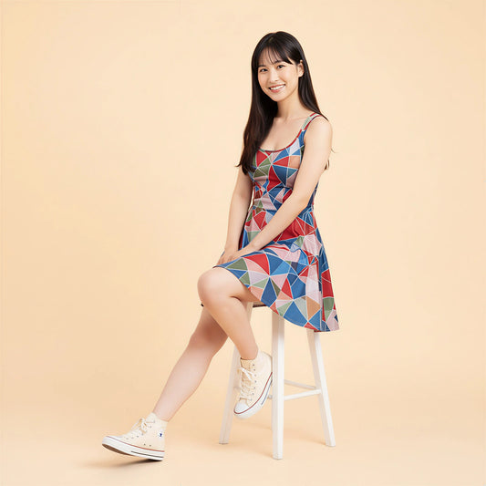 Woman wearing a colorful geometric dress sitting on a stool against a beige background