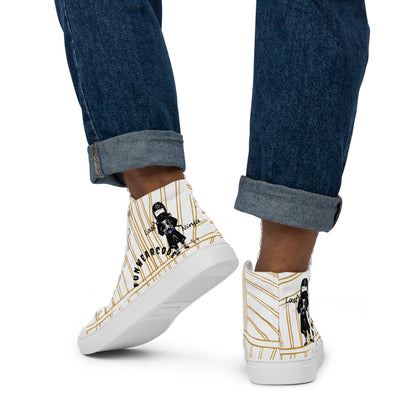 White high-top sneakers with a ninja graphic and 'Fun Wear Code' text logo, and with black and gold designs worn with rolled-up jeans on a white background