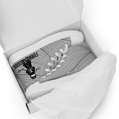 White high-top sneakers with a ninja graphic and 'Fun Wear Code' text logo, with black and gray design in a white box