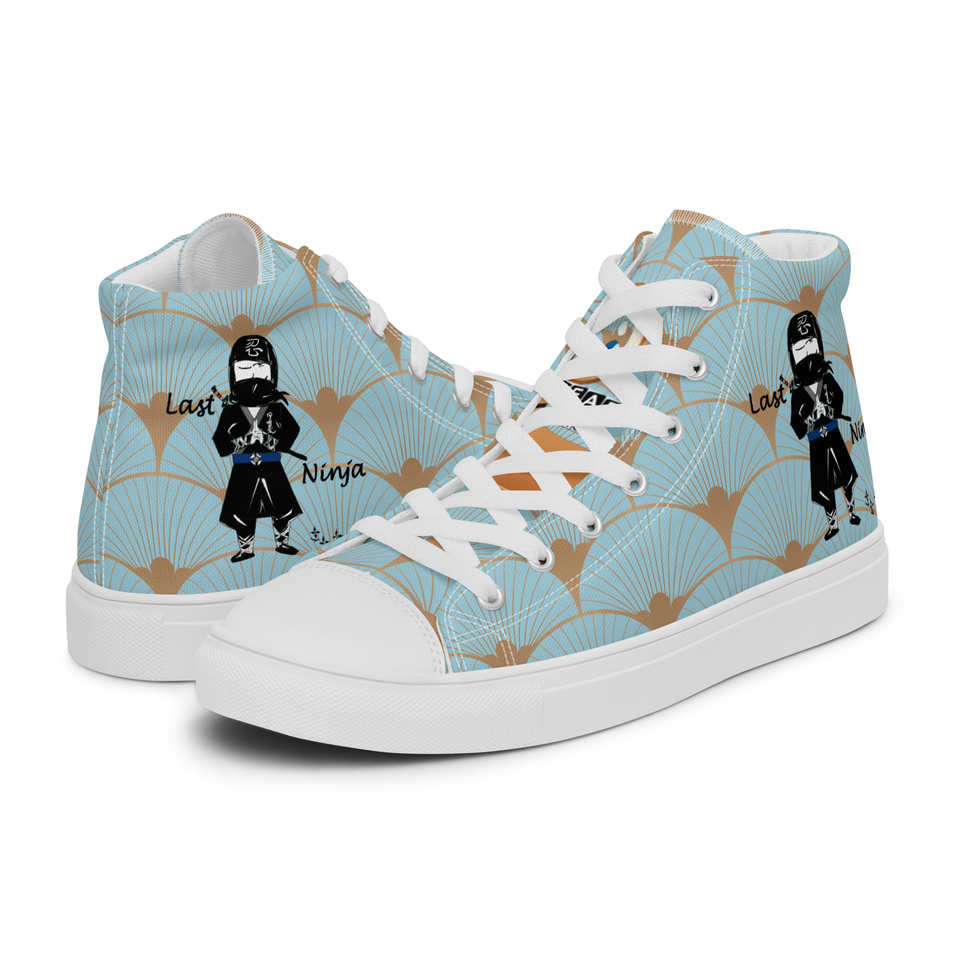 High-top sneakers with a blue and gold pattern and playful ninja design featuring texts 'last ninja' on a white background