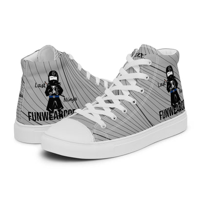 High-top sneakers with a ninja graphic and 'Fun Wear Code' text logo on a white background