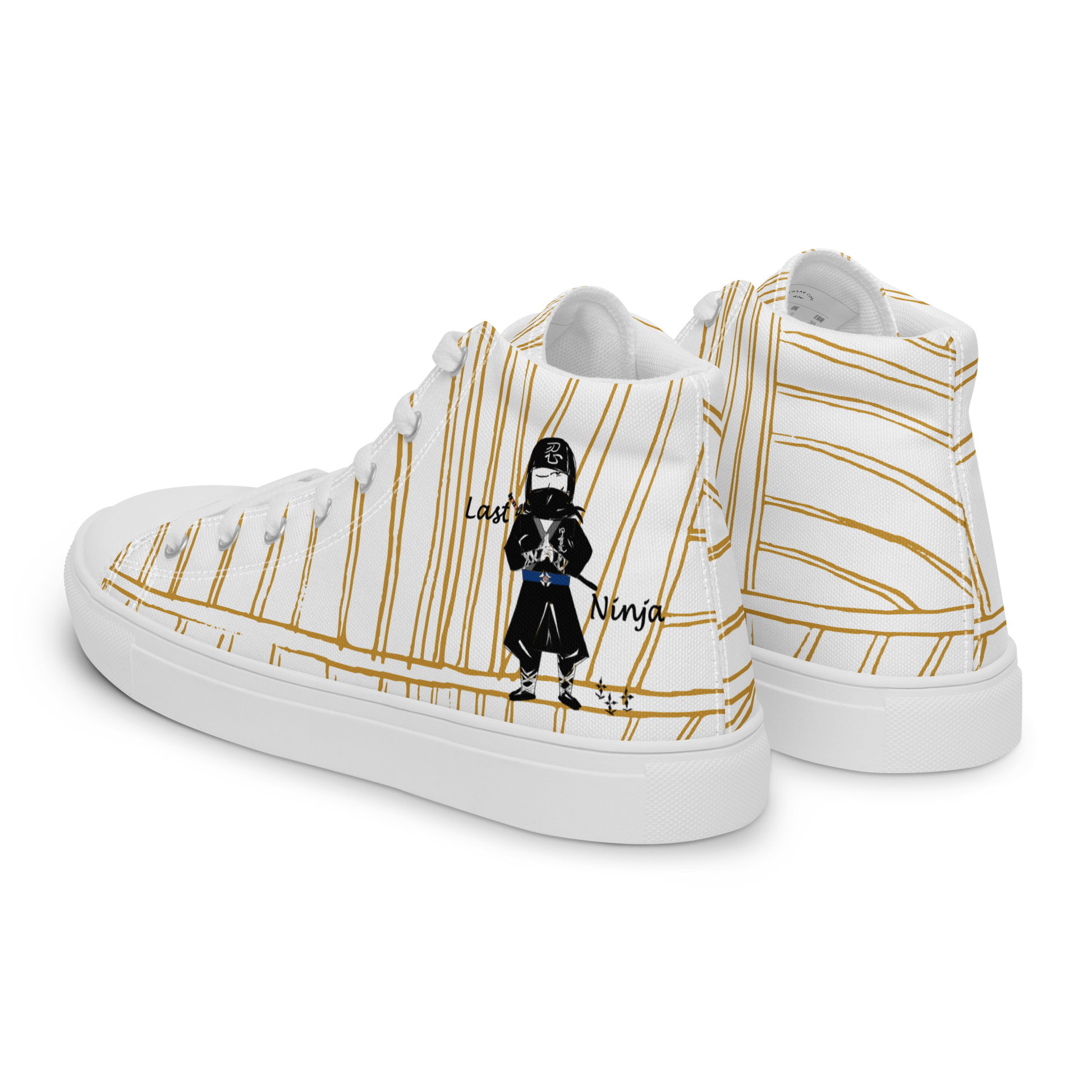 White high-top sneakers with gold stripes and a graphic of a ninja on a white background