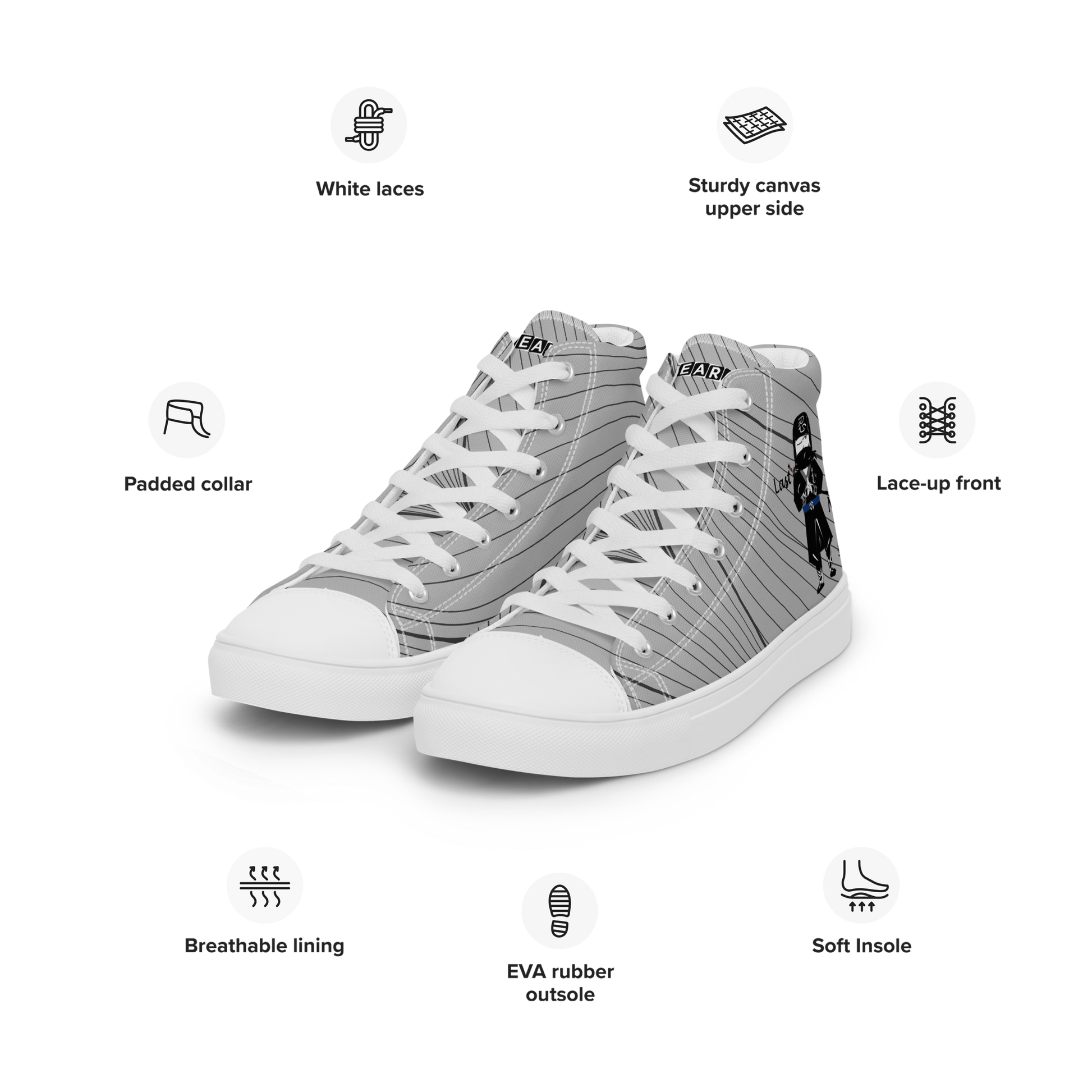 Gray high-top sneakers with a playful ninja graphic design and white laces on a white background, featuring text labels 'Funwearcode'.
