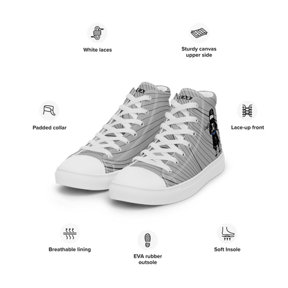 Gray high-top sneakers with a playful ninja graphic design and white laces on a white background, featuring text labels 'Funwearcode'.