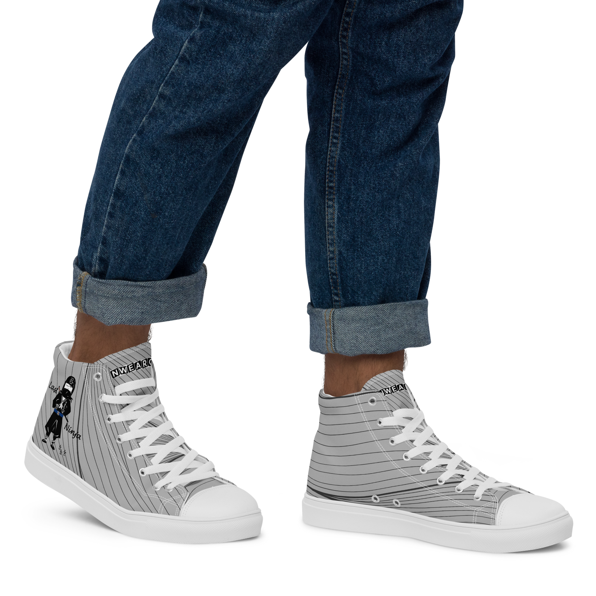 Gray stripe high-top sneakers with a playful ninja graphic design and white laces, featuring a text label 'Funwearcode' worn with rolled-up blue jeans on a white background
