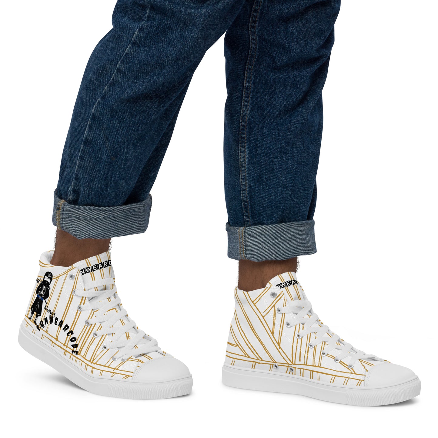 White high-top sneakers with a ninja graphic and 'Fun Wear Code' text logo in gold patterns worn with blue jeans on a white background