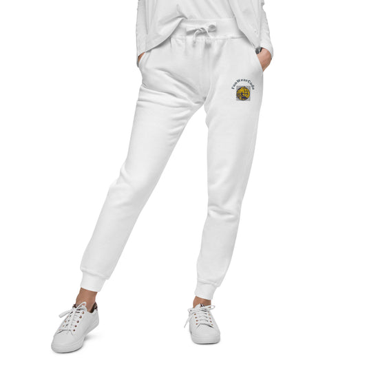 White sweatpants with a 'Fun Wear Code' logo on a white background