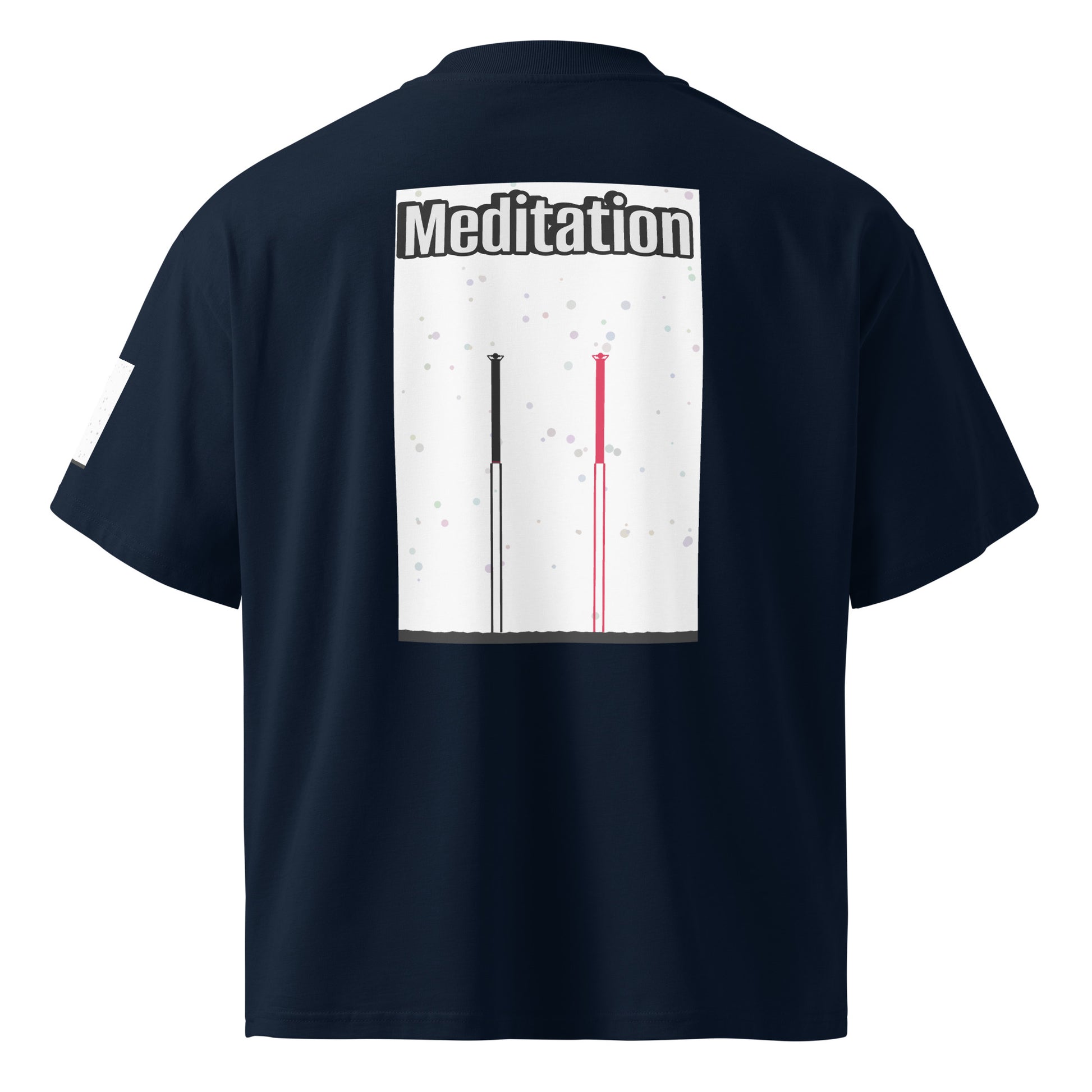 Navy blue t-shirt with 'Meditation' text and two abstract long-leg human graphic on the back against a white background