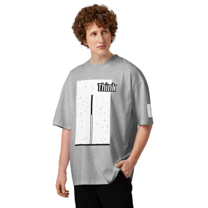 Person wearing a gray t-shirt with an abstract long-leg human graphic design and text on a white background
