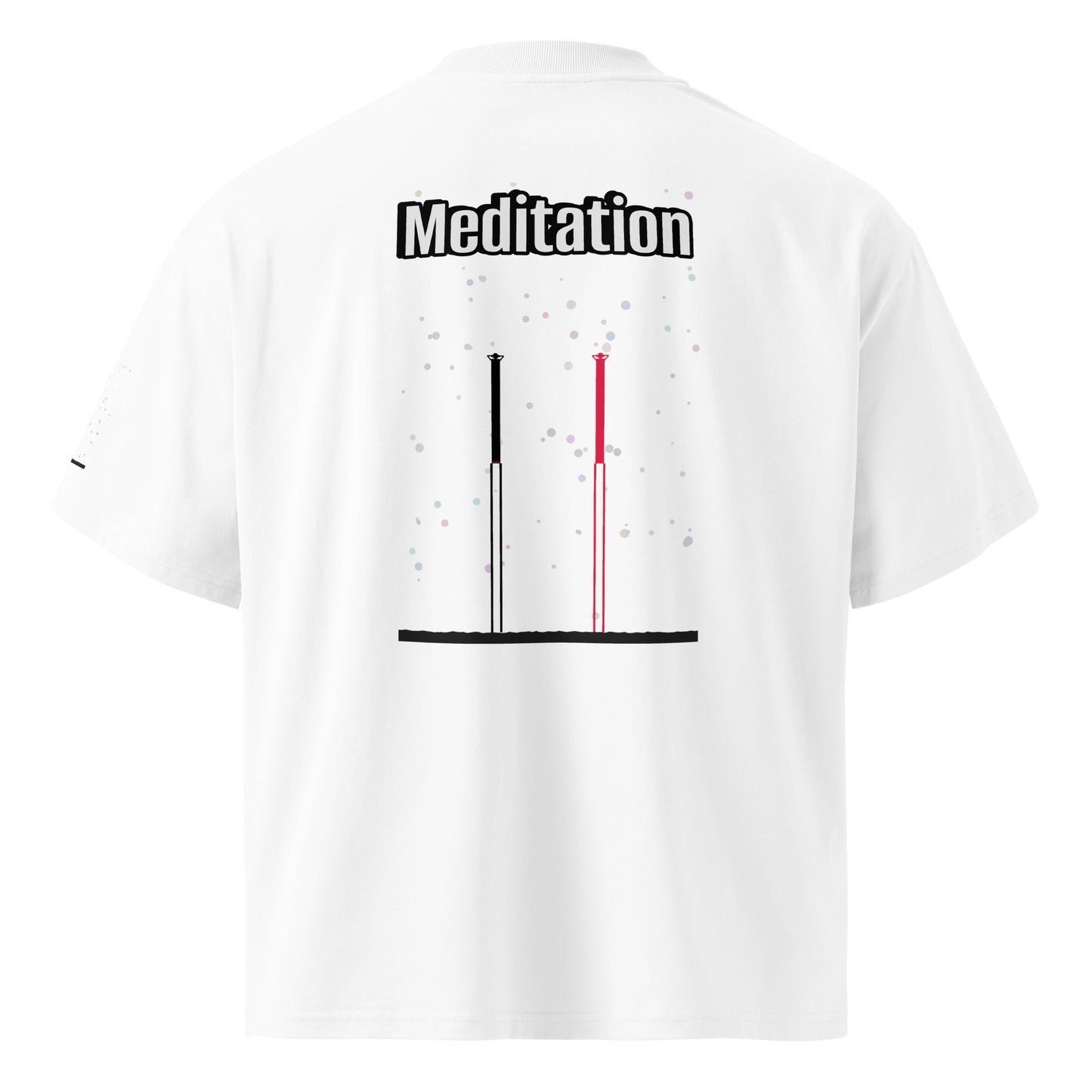 White t-shirt with 'Meditation' text and two abstract long-leg human graphic design on a white background