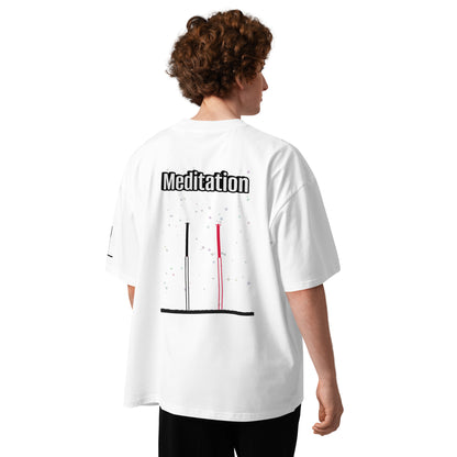 Person wearing a white t-shirt with 'Meditation' text two abstract long-leg human graphic design on the back, standing against a white background.
