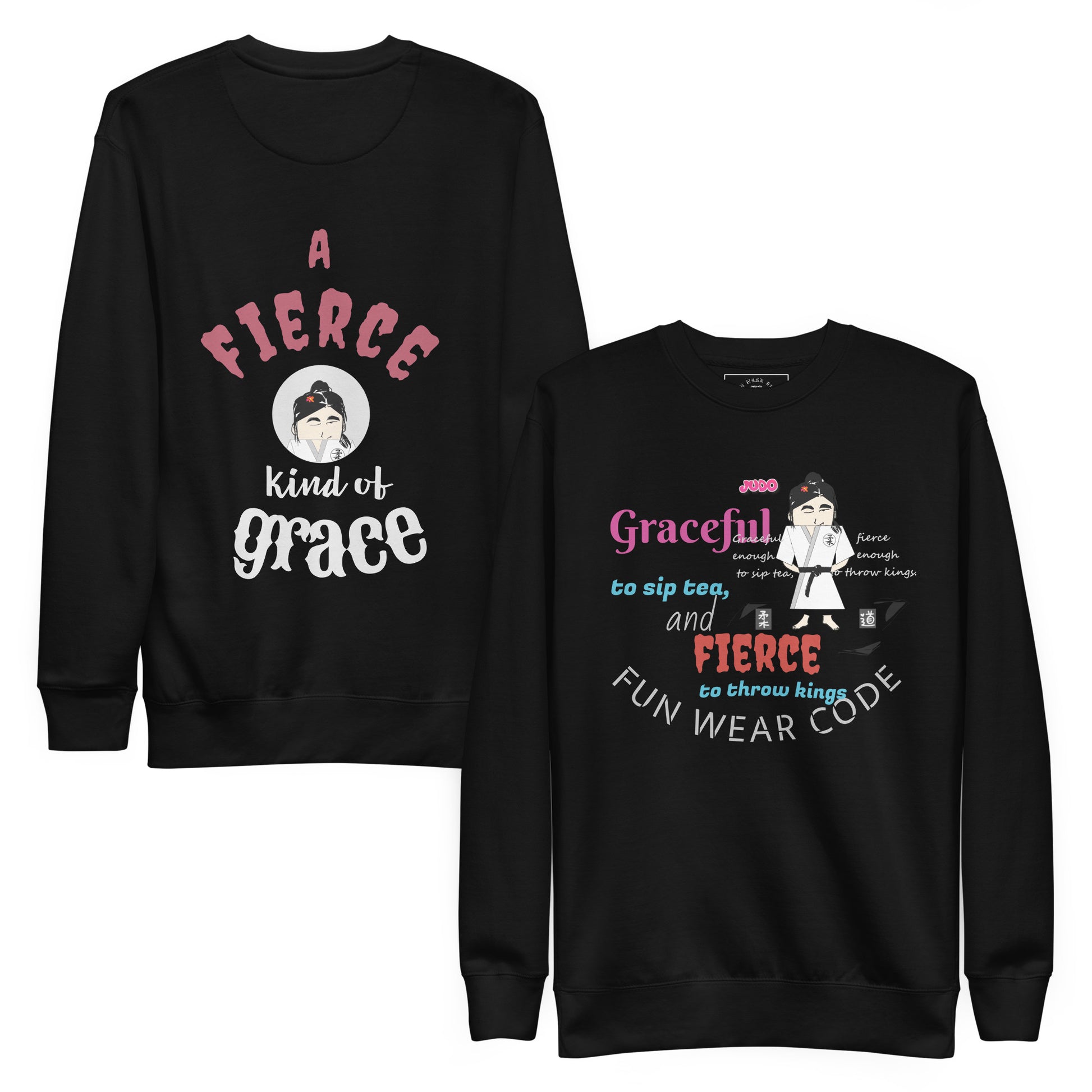 Front and back of a black sweatshirt with text, a judo lady graphic design and 'Fun Wear Code' text logo on a white background