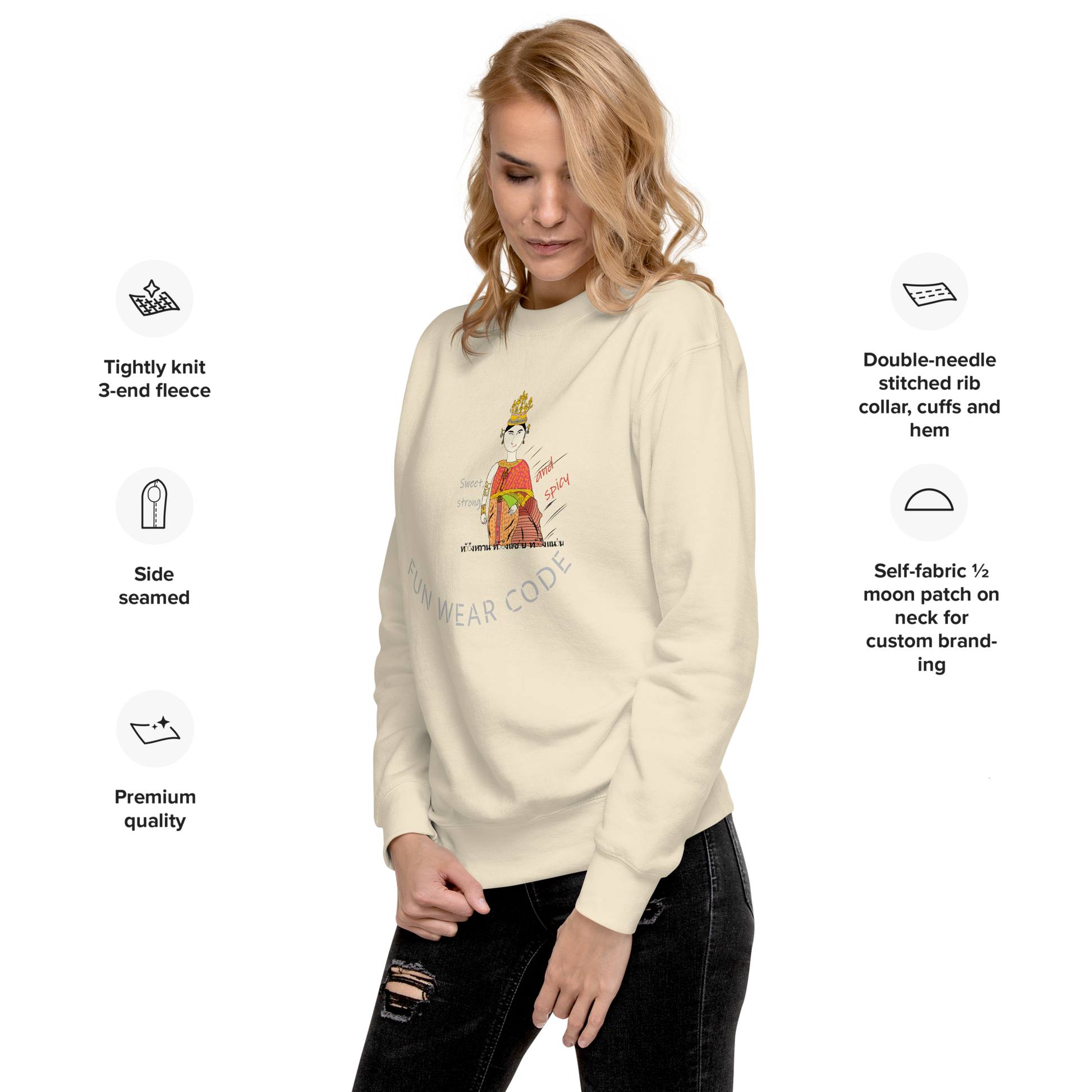 Woman wearing a cream sweatshirt with a Thai lady graphic design and text 'FUN WEAR CODE' on it, standing against a white background.