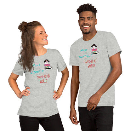 Two people wearing gray t-shirts with a playful geisha graphic and text on a white background
