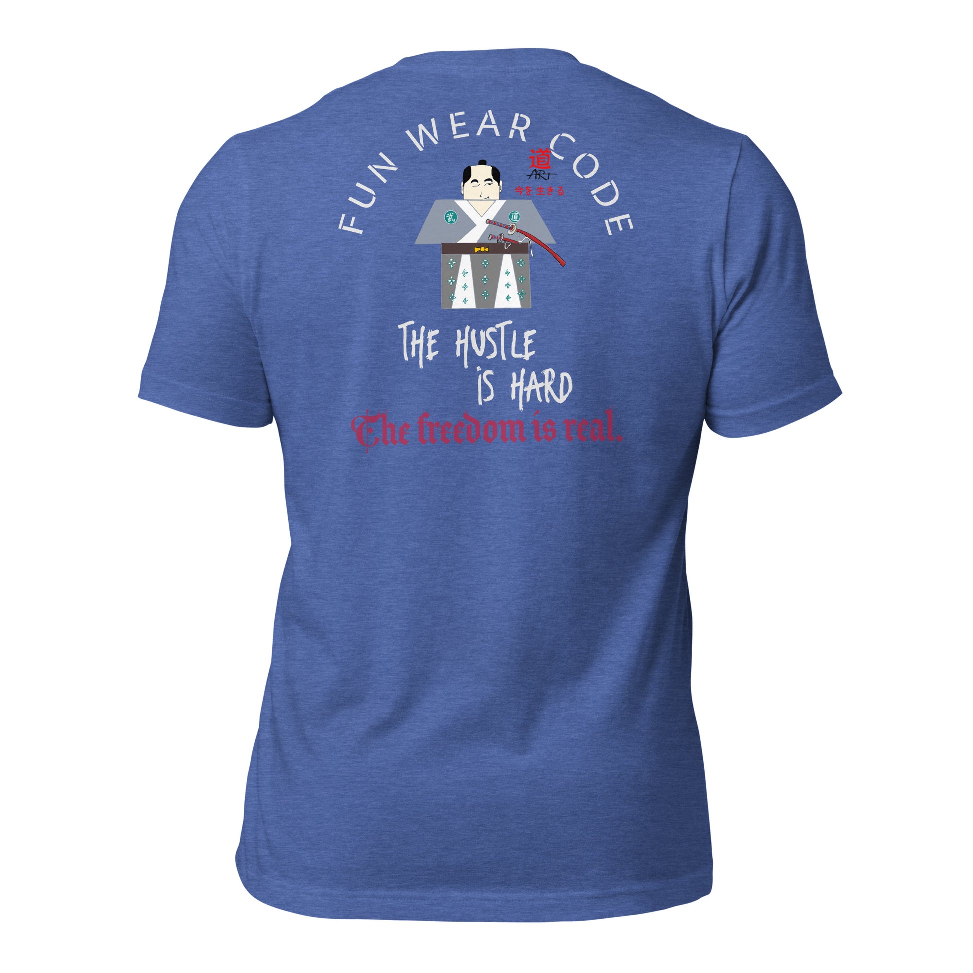 Blue t-shirt with a 'Fun Wear Code' text logo, samurai graphic design and motivational text on the back, displayed against a white background