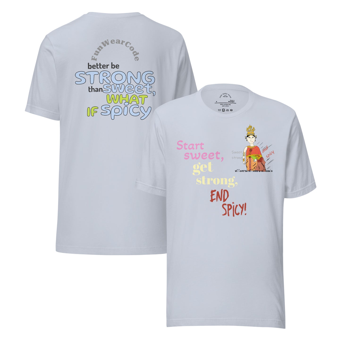White t-shirt with colorful texts and a Thai lady graphic design on a white background