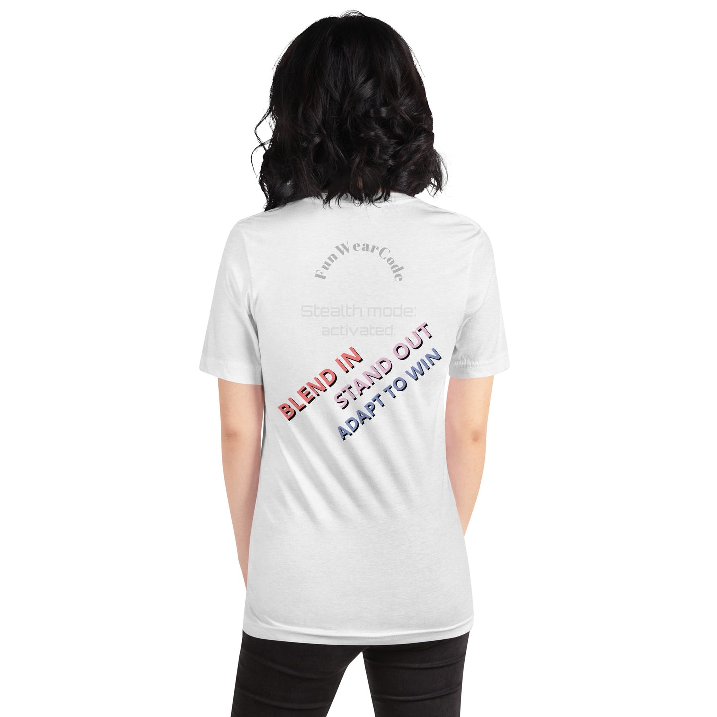 Person wearing a white t-shirt with a 'Fun Wear Code' text logo and colorful text on the back, standing against a white background