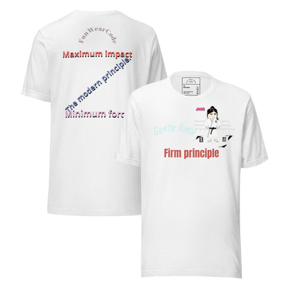 Two white t-shirts with a 'Fun Wear Code' text logo, motivational quote  and judo graphics on a white background
