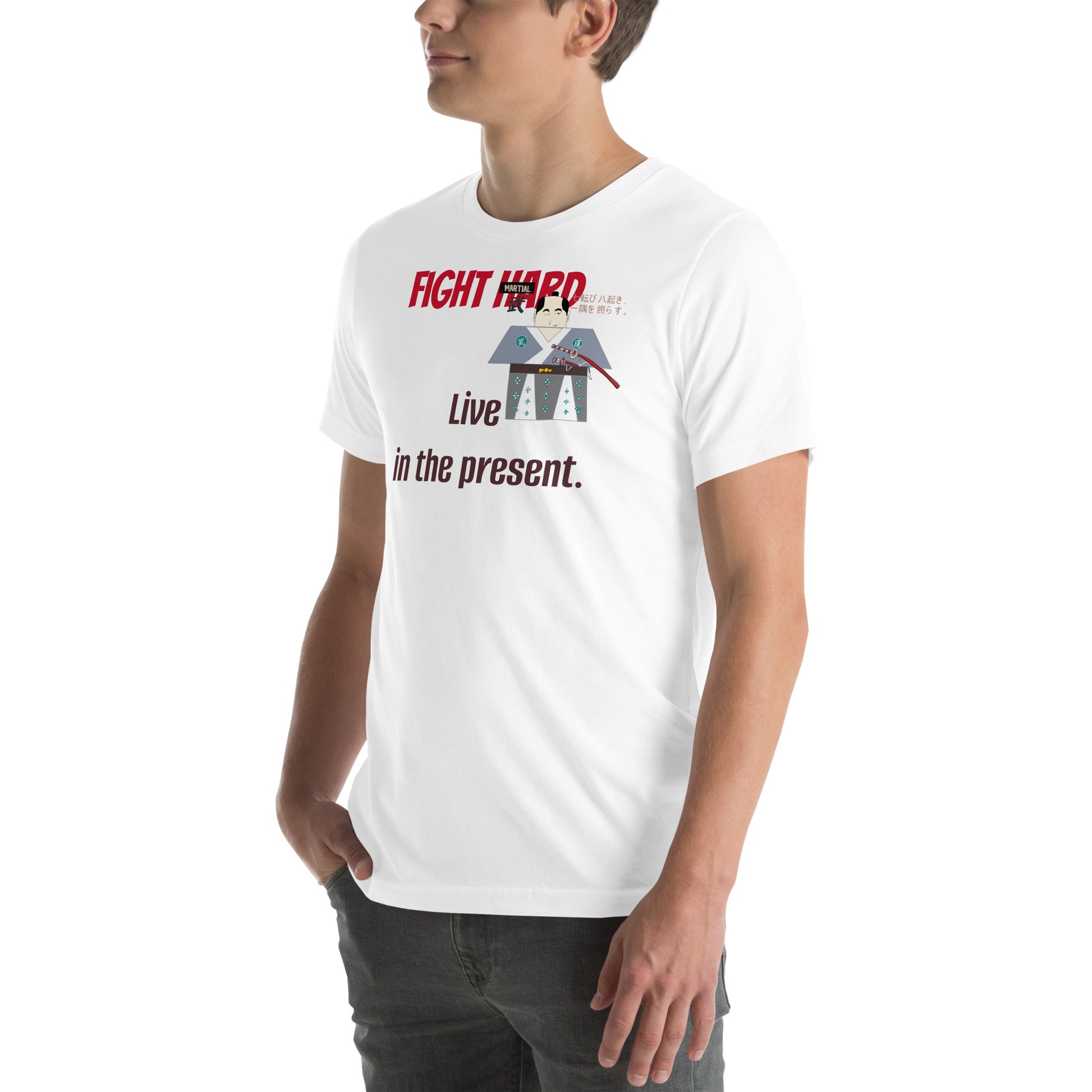Person wearing a white t-shirt with a samurai graphic design and motivational text on a white background