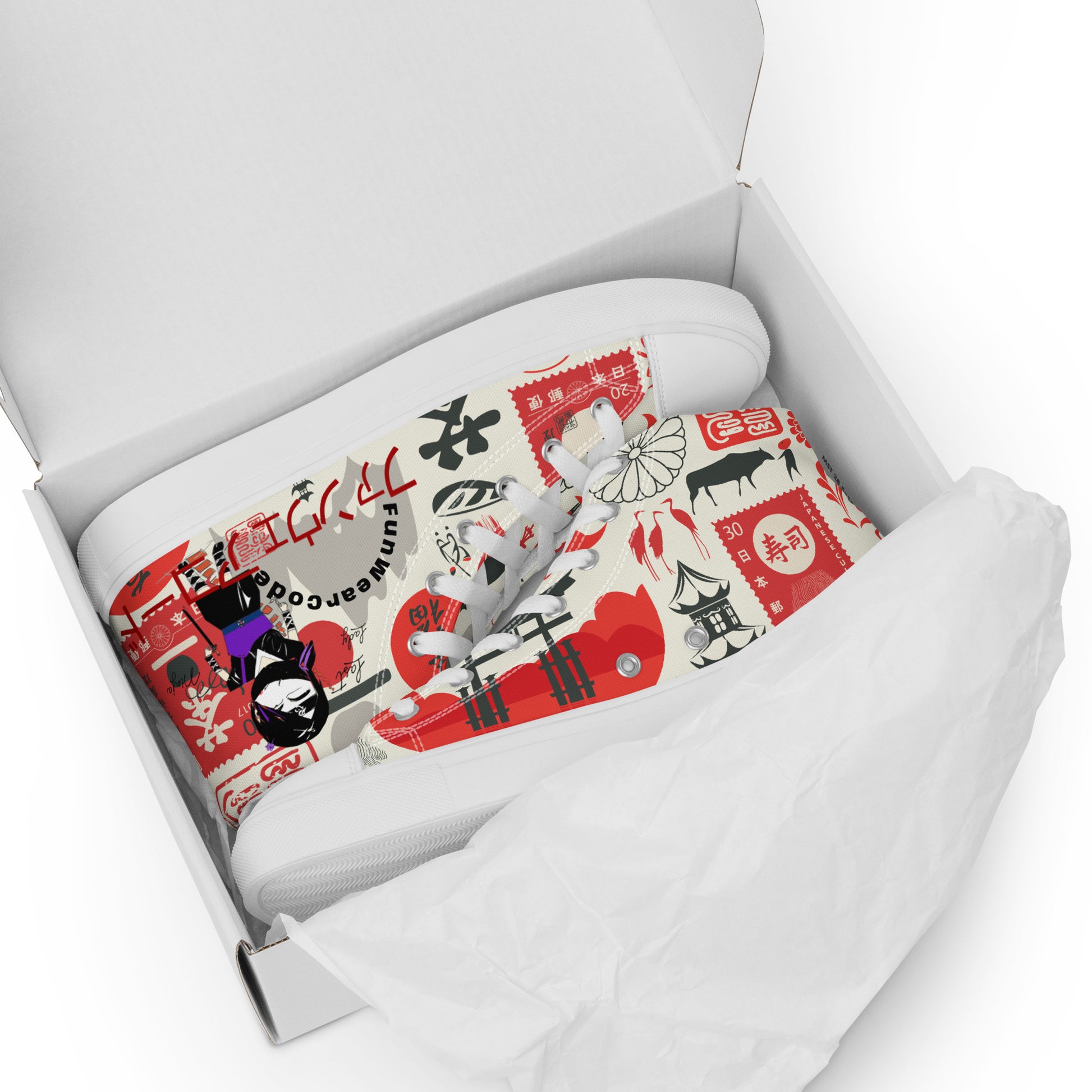 High-top sneakers with colorful Japanese-themed graphic design, and with a ninja graphic and 'Fun Wear Code' text logo in a white box
