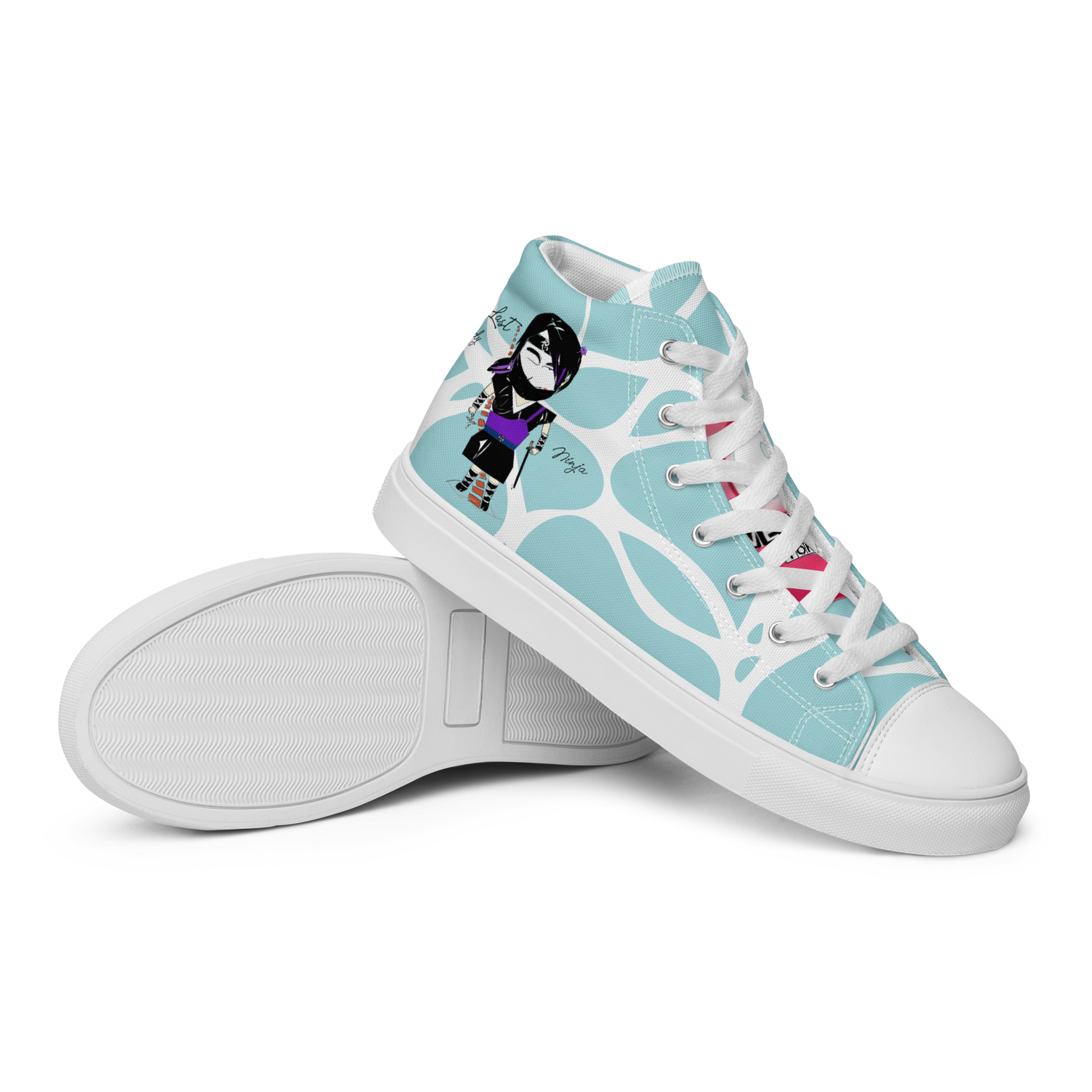 Light blue high-top sneakers with a lady ninja graphic design, featuring text 'Last lady ninja' with white laces and a white sole on a white background